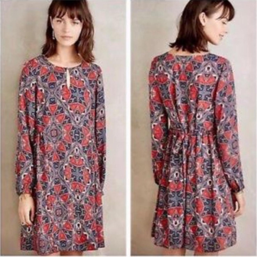 Anthropologie Paper Crown Efflorescence Printed Long Sleeve Shift Dress